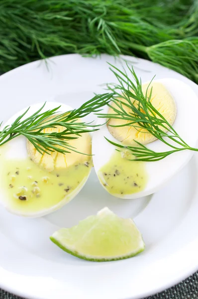 Chicken egg cut in half on dill background — Stock Photo, Image