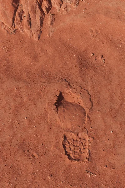 stock image Imprint of the shoe on red stone sand