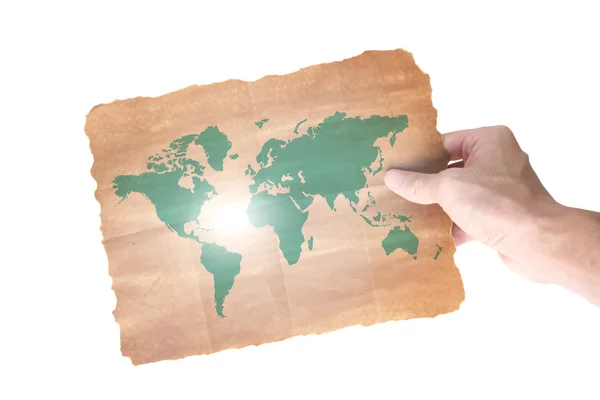 Hand holding a world paper map isolated — Stock Photo, Image