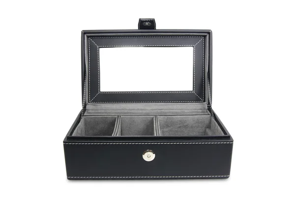 Caja abierta de cuero negro en blanco — Foto de Stock