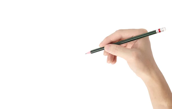 Mão do homem segurando lápis isolado no fundo branco — Fotografia de Stock