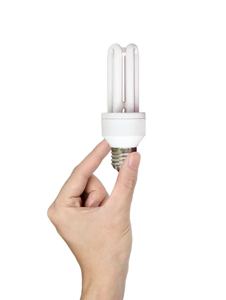 Mão segurando lâmpada isolada no branco — Fotografia de Stock