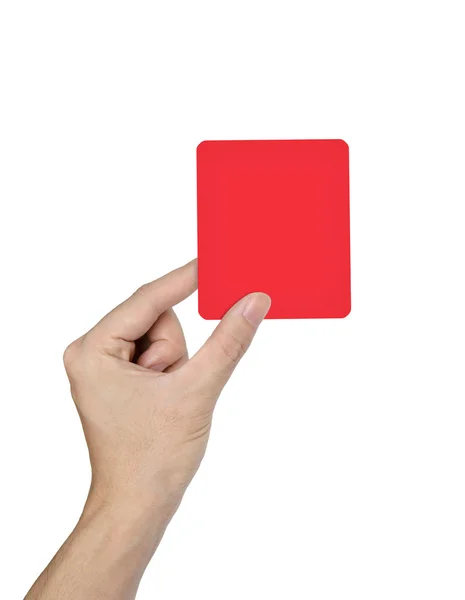 Mano sosteniendo una tarjeta roja aislada sobre fondo blanco — Foto de Stock