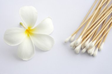 Cotton swab used for cleaning ear and Tropical flowers isolated clipart