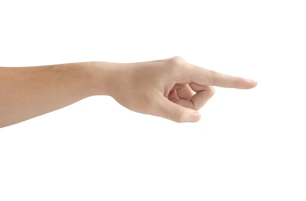 Mão apontando tocar ou pressionando isolado no branco — Fotografia de Stock