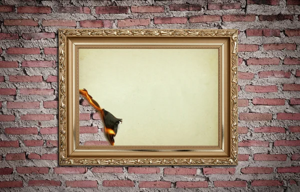 Vintage gold frame with burned on wall background — Stock Photo, Image