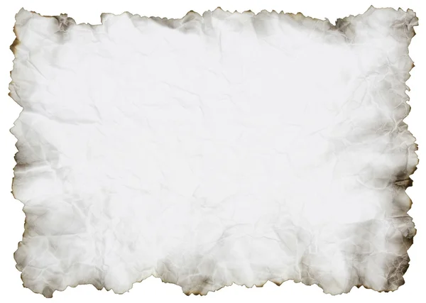 Buruşuk kağıt beyaz üzerinde yanmış kenarlı — Stok fotoğraf