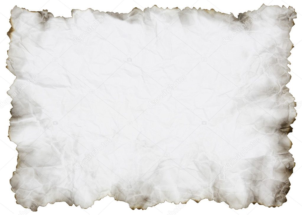 Crumpled paper with burnt edges over white