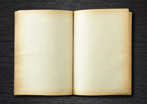 Vecchio libro aperto su fondo legno scuro — Foto Stock