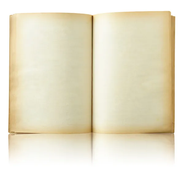 Gammal bok öppen på återspeglar golv och vit bakgrund — Stockfoto
