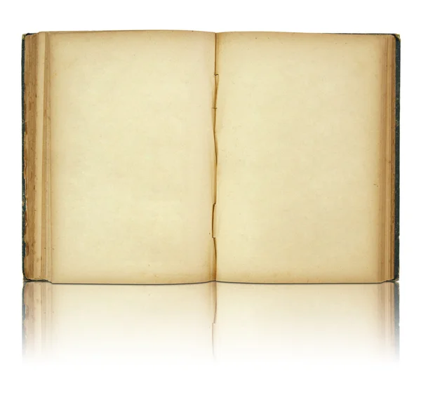 Vecchio libro aperto su riflettere pavimento e sfondo bianco — Foto Stock