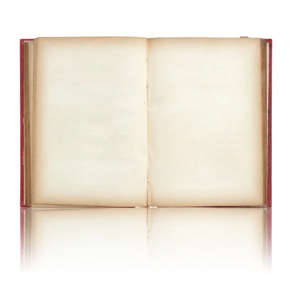Oud boek open op weerspiegelen vloer en witte achtergrond — Stockfoto