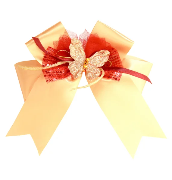 黄金礼品丝带和剪切路径与白色背景上的蝴蝶结 — 图库照片