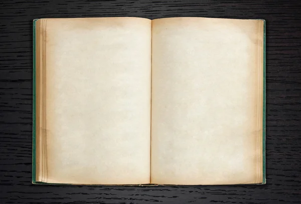 Old book open on dark wood background Stock Photo