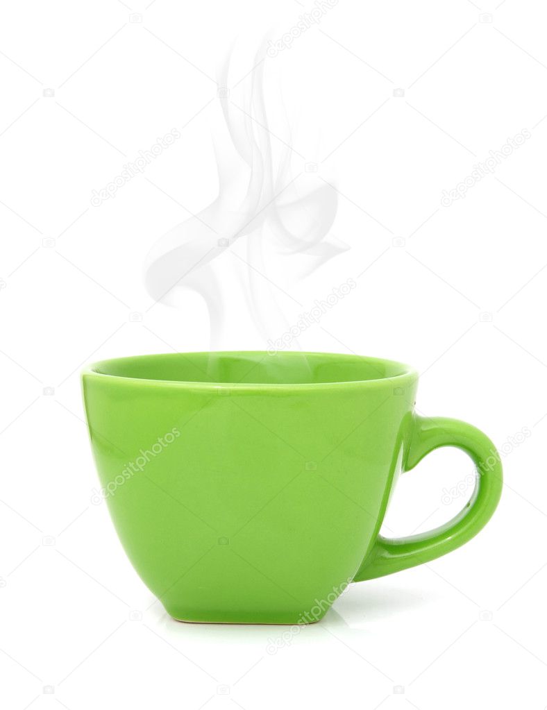 Green cup with hot drink on white background