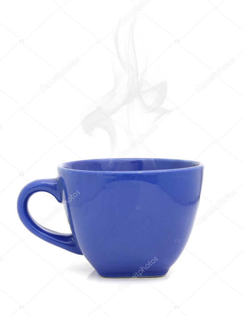 Blue cup with hot drink on white background