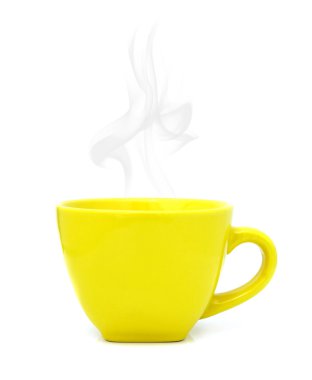 Yellow cup with hot drink on white background clipart