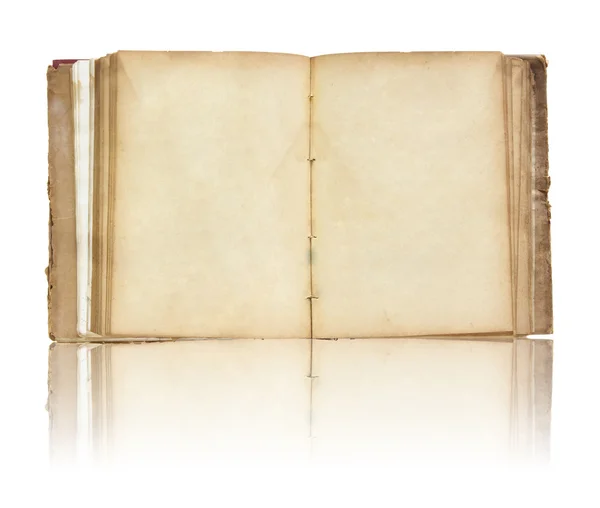 Altes Buch offen auf Spiegelboden und weißem Hintergrund — Stockfoto