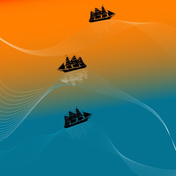 Het schip op golvende wateren in de schemering — Stockfoto