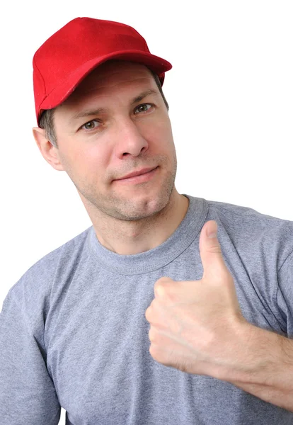 Sentirsi bene lavoratore uomo in un berretto rosso — Foto Stock