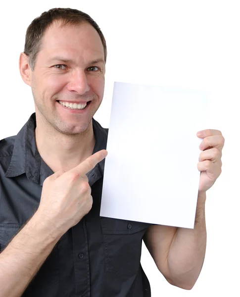 Бизнесмен показывает бланк на белом фоне — стоковое фото