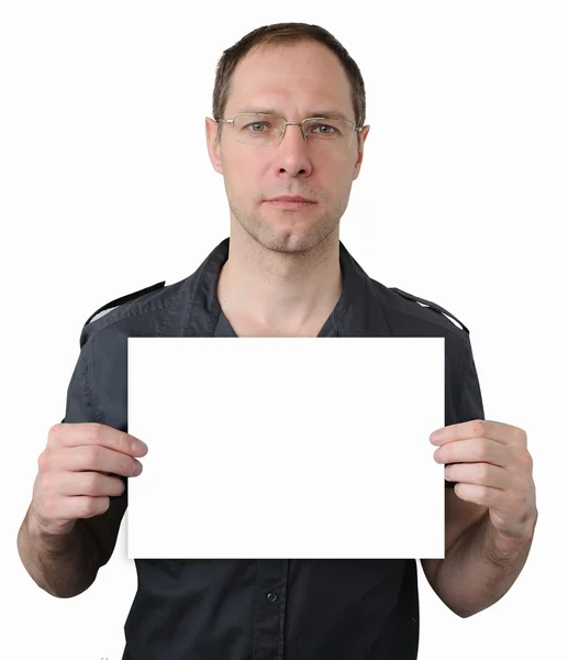 Businessman holding blank poster for your text — Stock Photo, Image