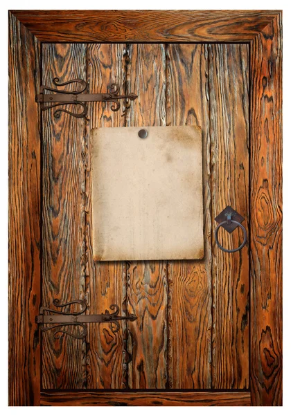 Старый бумажный плакат на деревянной двери — стоковое фото