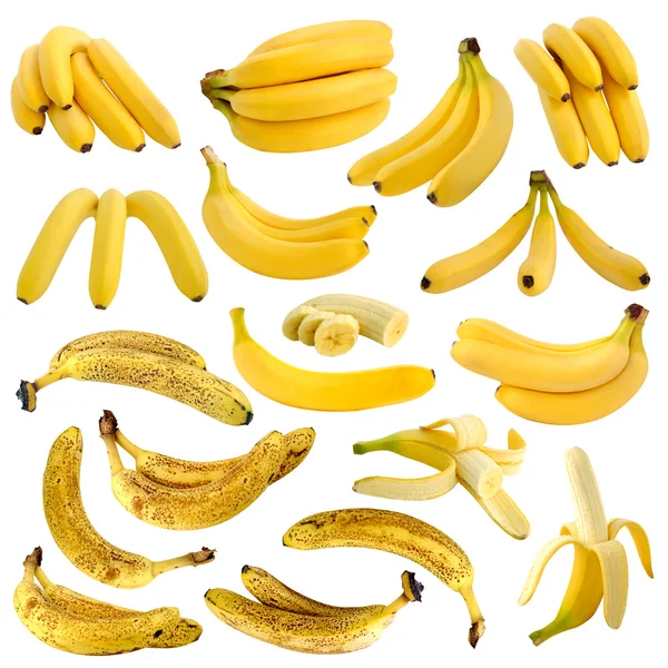 Zbiór zgniłe i dojrzałe banany na białym tle — Zdjęcie stockowe