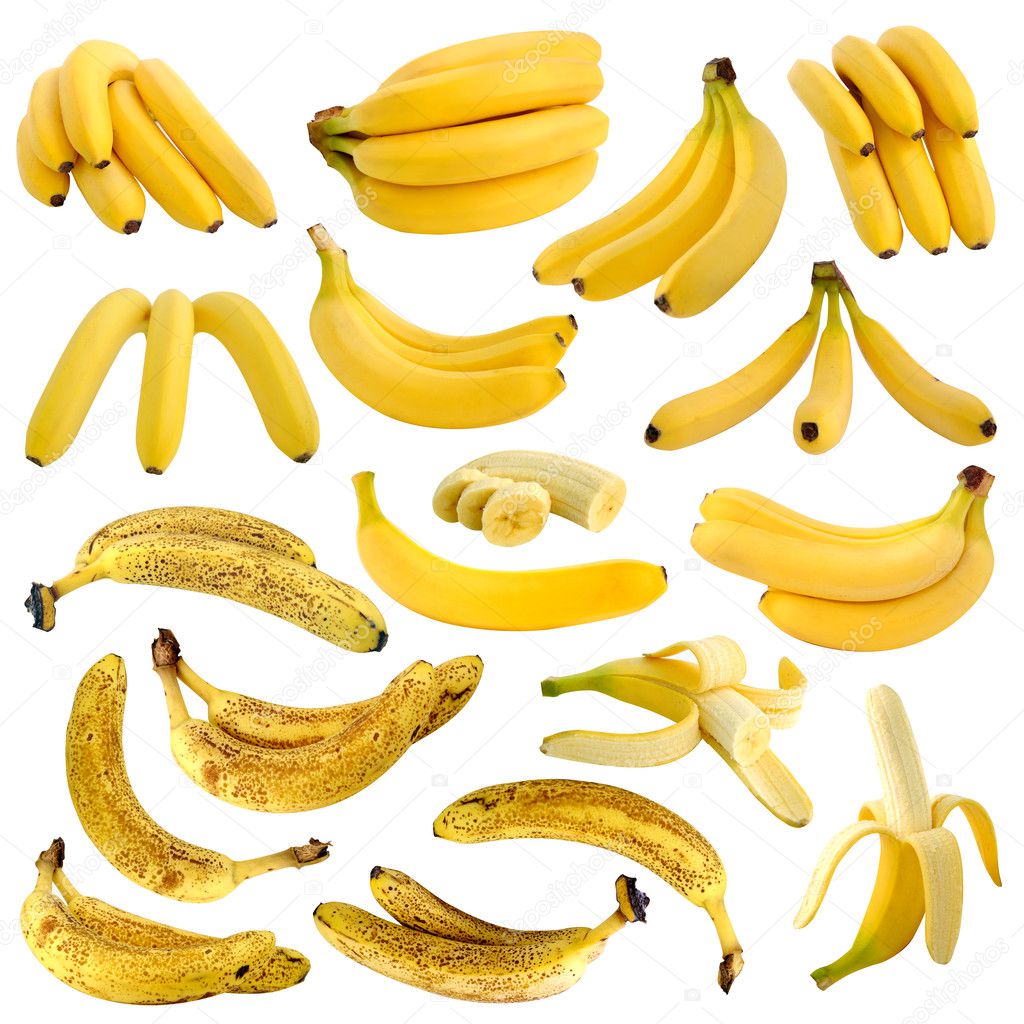 Collection of rotten and ripe bananas isolated on white background