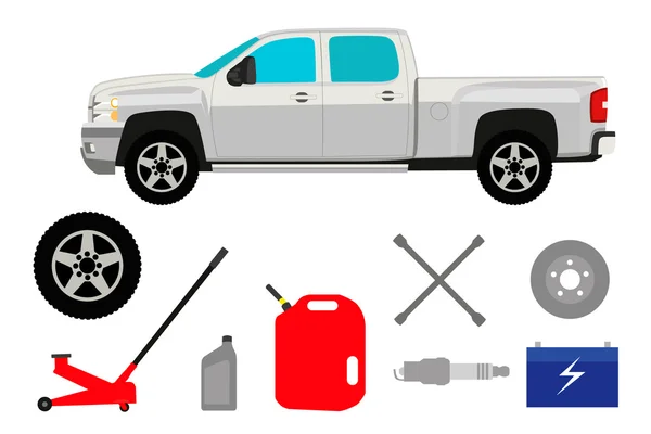 Pick-up truck with group of repair shop elements — Stock Vector