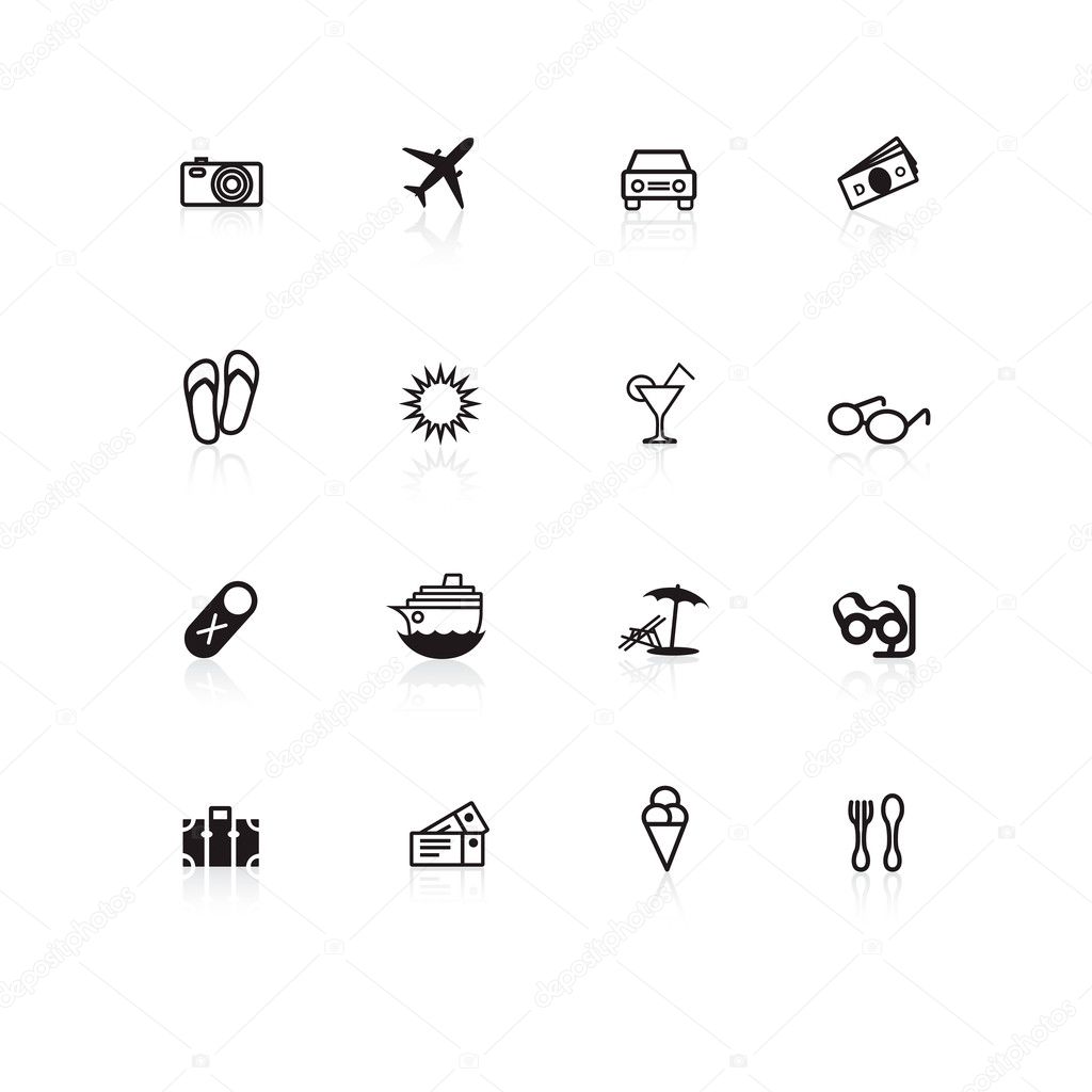Black travel icons on white