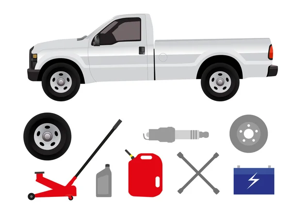 Pick-up truck with group of repair shop elements — Stock Photo, Image