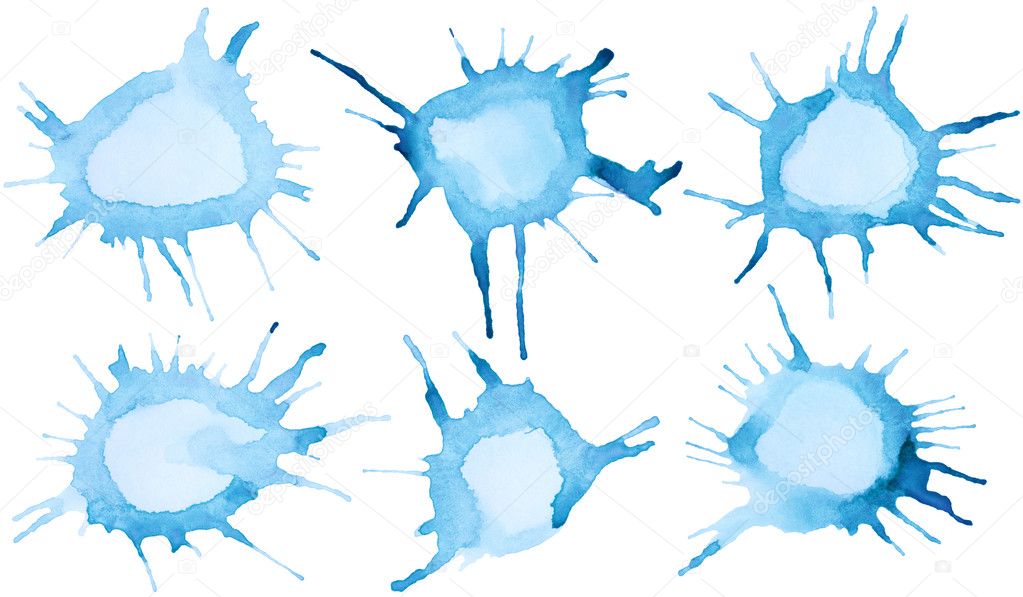 Set of blue watercolor blobs are isolated on a white background.