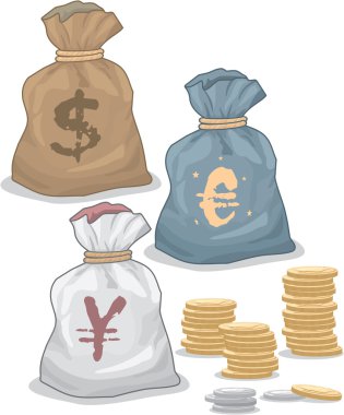 Money Bags with different Currency and Coins clipart