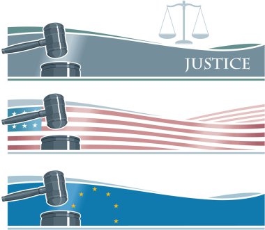 Set of Gavel Banners with Flags Background and Scales of Justice clipart