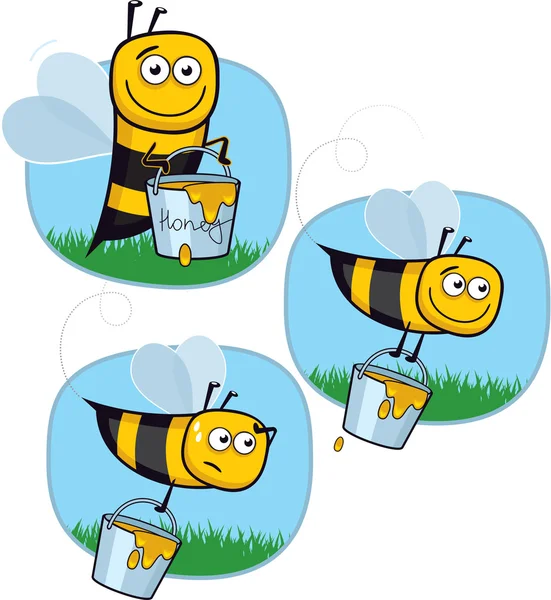 Ευτυχής μελισσών κινουμένων σχεδίων με κουβά με μέλι — Διανυσματικό Αρχείο