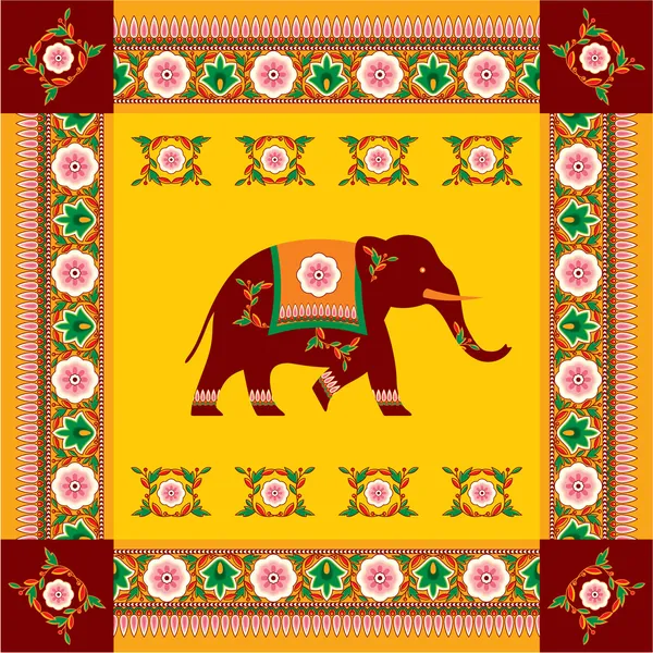 Vector Indian (Hindu) Elephant with Traditional Pattern Border — Stock Vector