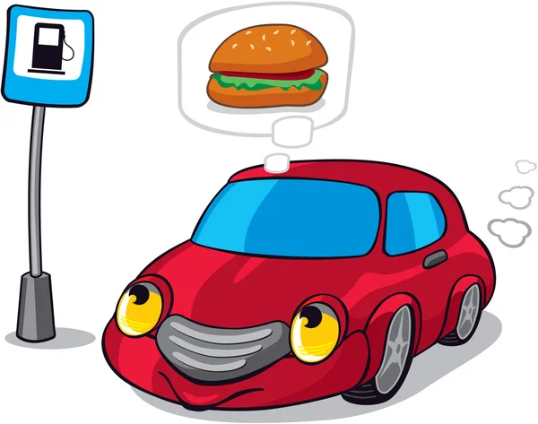 Γελοιογραφία αυτοκίνητο ονειρεύεται burger δίπλα στο σημάδι σταθμό καυσίμων — Διανυσματικό Αρχείο