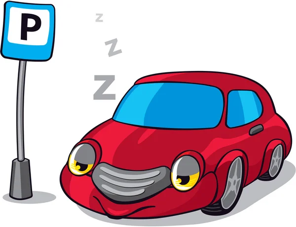 Coche de dormir de dibujos animados junto a la señal de aparcamiento — Vector de stock