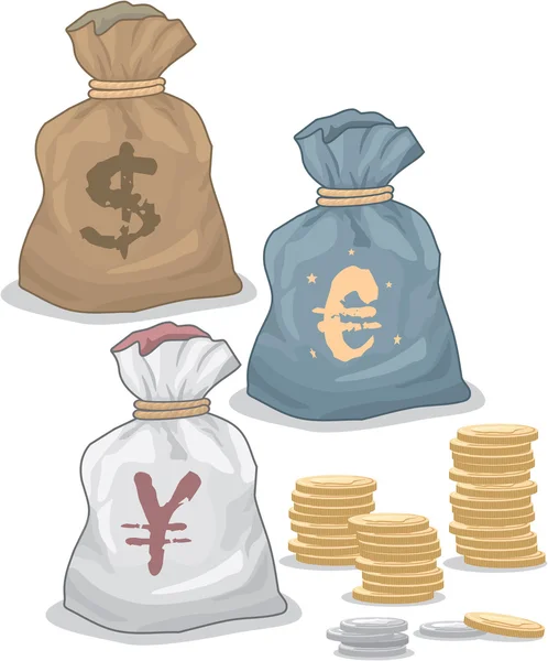 Pengar påsar med olika valuta och mynt — Stock vektor