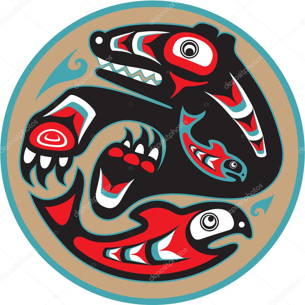 Bear Catching Salmon - Native American Style Vector