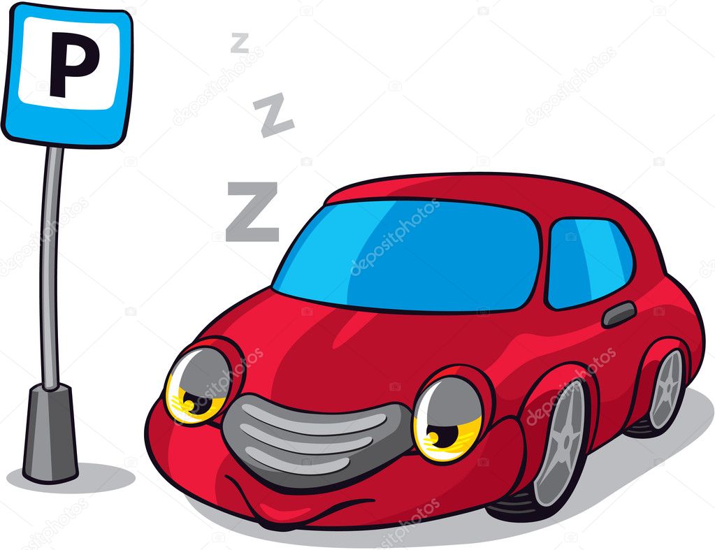 Cartoon Sleeping Car next to Parking Sign