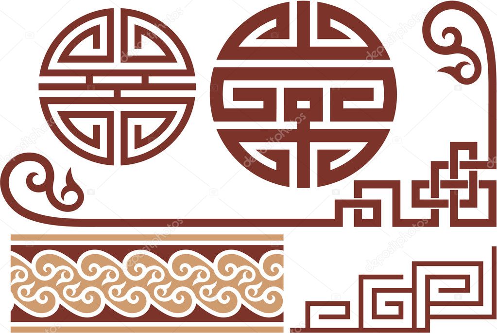 Set of Oriental Chinese Design Elements (Seamless Border, Corners, Knots, F