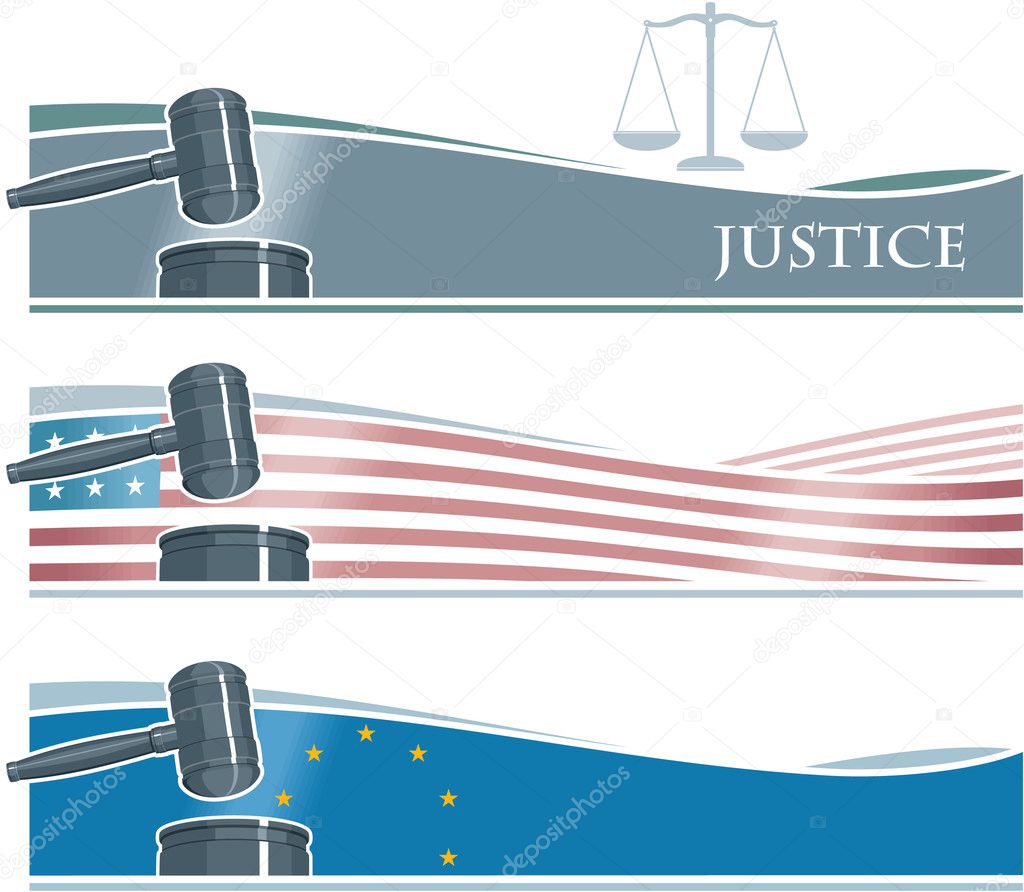 Set of Gavel Banners with Flags Background and Scales of Justice