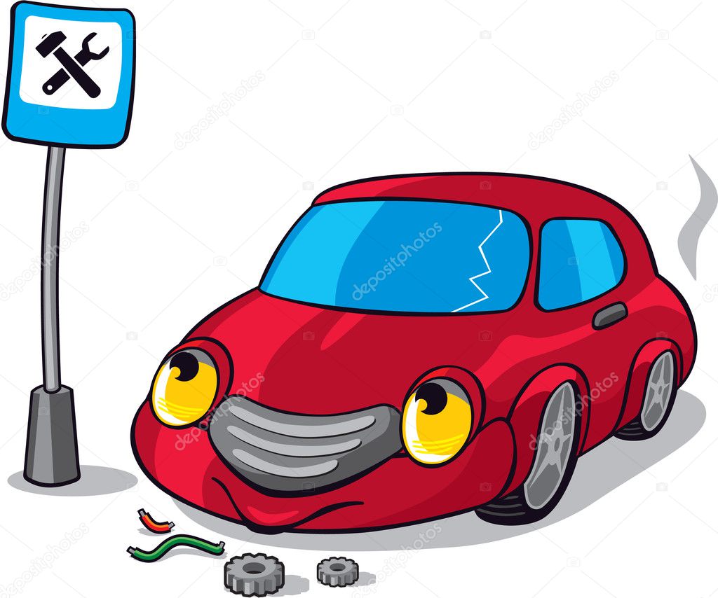 Cartoon Broken Car next to Auto Service Road Sign