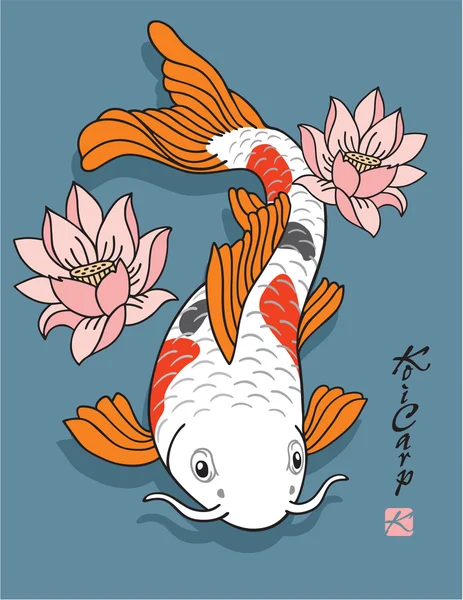 Ikan Oriental - Koi Carp - dengan Bunga Lotus - Stok Vektor