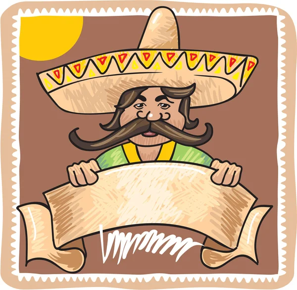 Homem mexicano com banner de sinal de modelo —  Vetores de Stock