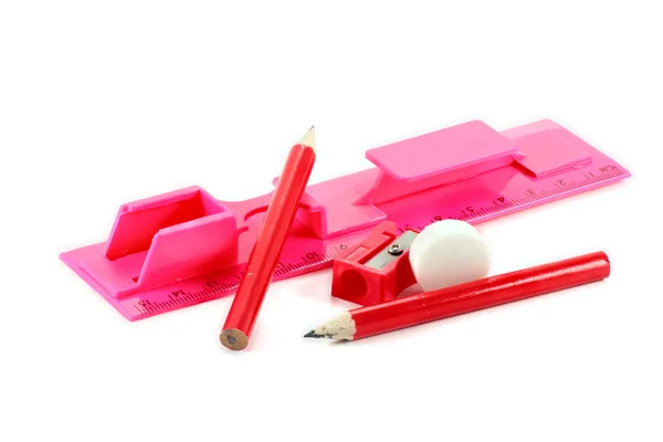 Afiador de lápis e regra de borracha — Fotografia de Stock