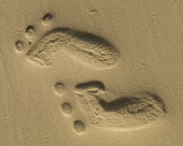 Két kis lábnyomokat, a homok — Stock Fotó