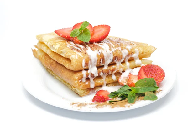 stock image Pancakes with strawberry and leaflets Mints